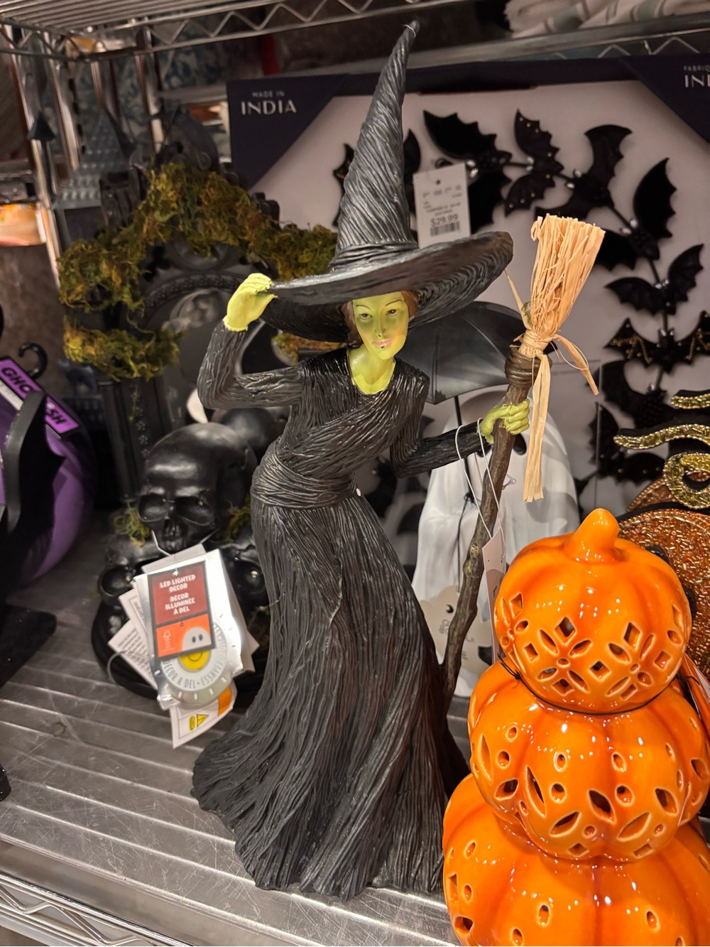 Green-Faced Witch Halloween Figurine with Broom